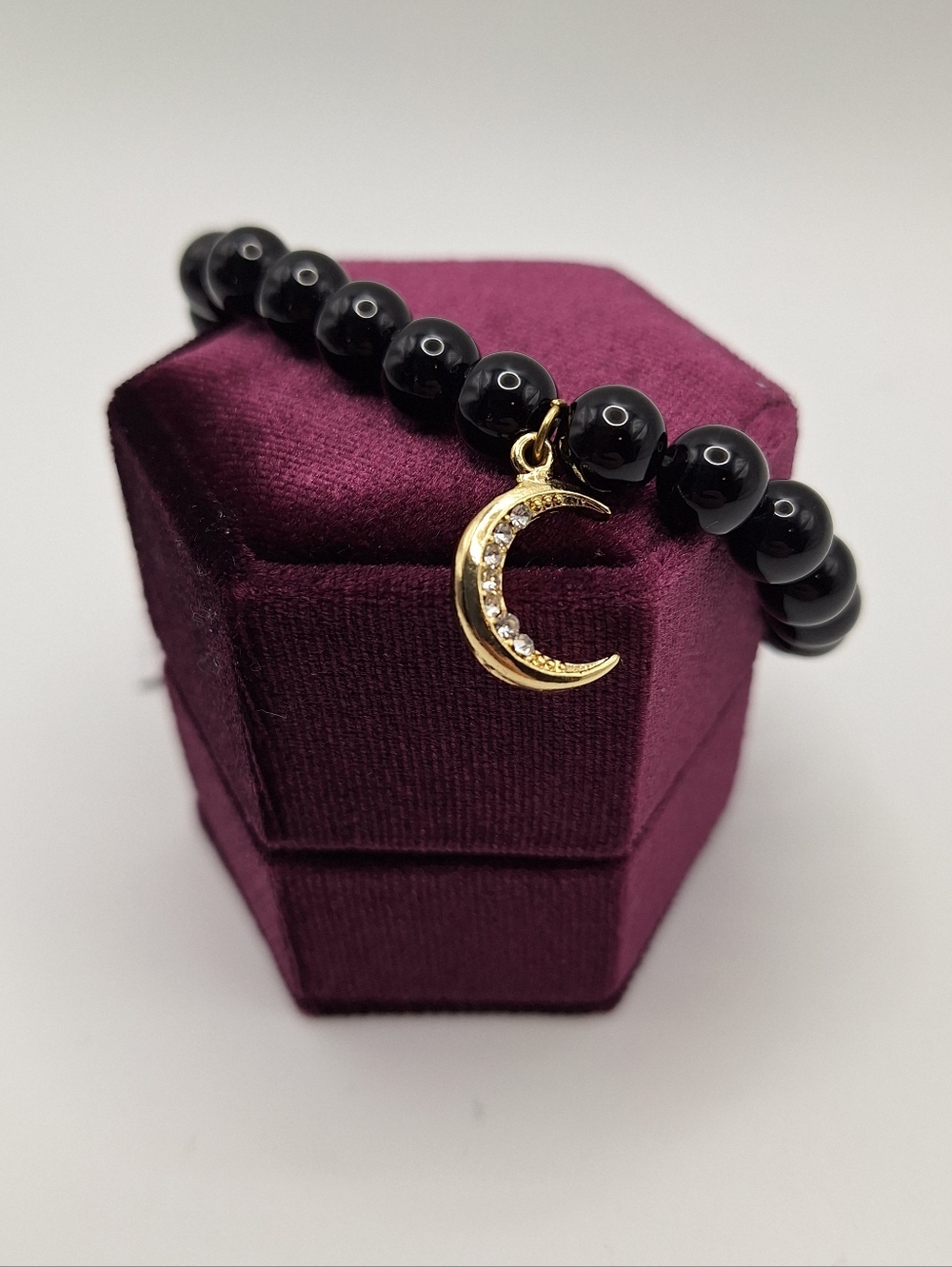 Madison Tyler Black Beaded Bracelet Crescent Moon Gold Charm Celestial Stretch